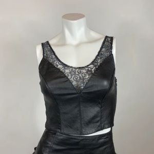 Chia Womens Black Leather Sheer Lace Sleeveless Crop Top Small